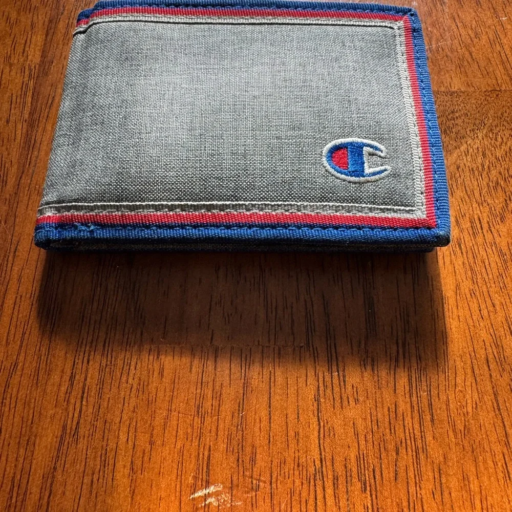 Champion Men's Bifold Wallet Gray with Blue Red Trim One Size Great For A Youth